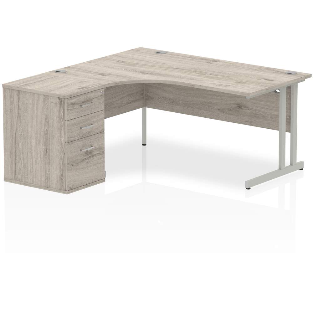 Impulse 1600mm Left Crescent Desk Grey Oak Top Silver Cantilever Leg Workstation 600 Deep Desk High Pedestal Bundle