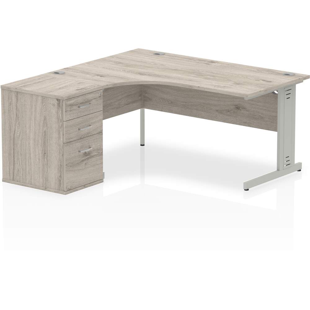 Impulse 1600mm Left Crescent Desk Grey Oak Top Silver Cable Managed Leg Workstation 600 Deep Desk High Pedestal Bundle