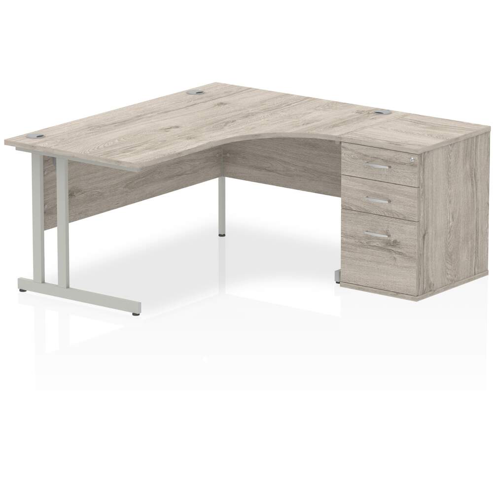 Impulse 1600mm Right Crescent Desk Grey Oak Top Silver Cantilever Leg Workstation 600 Deep Desk High Pedestal Bundle