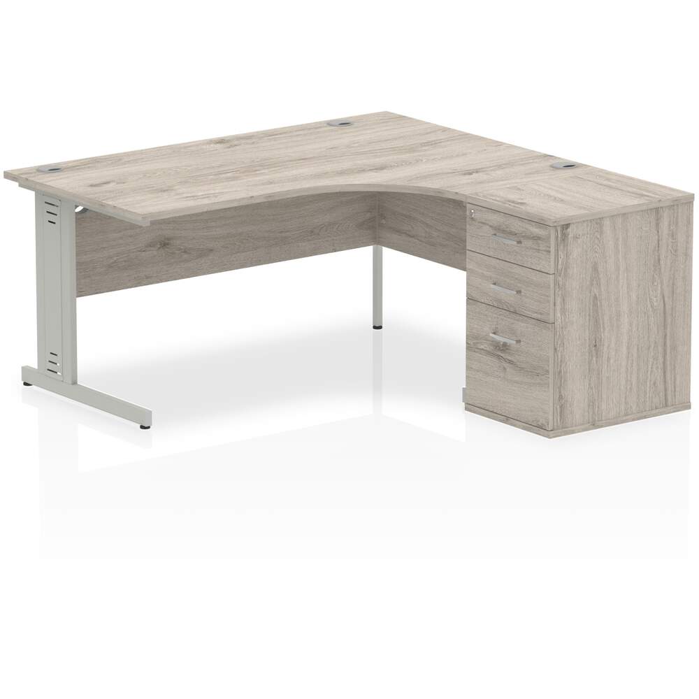 Impulse 1600mm Right Crescent Desk Grey Oak Top Silver Cable Managed Leg Workstation 600 Deep Desk High Pedestal Bundle