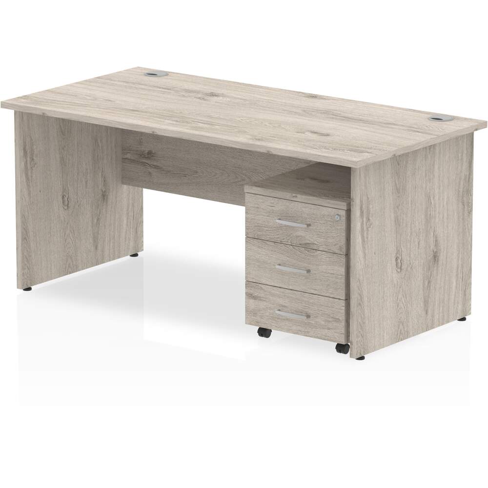 Impulse 1600 x 800mm Straight Desk Grey Oak Top Panel End Leg with 3 Drawer Mobile Pedestal