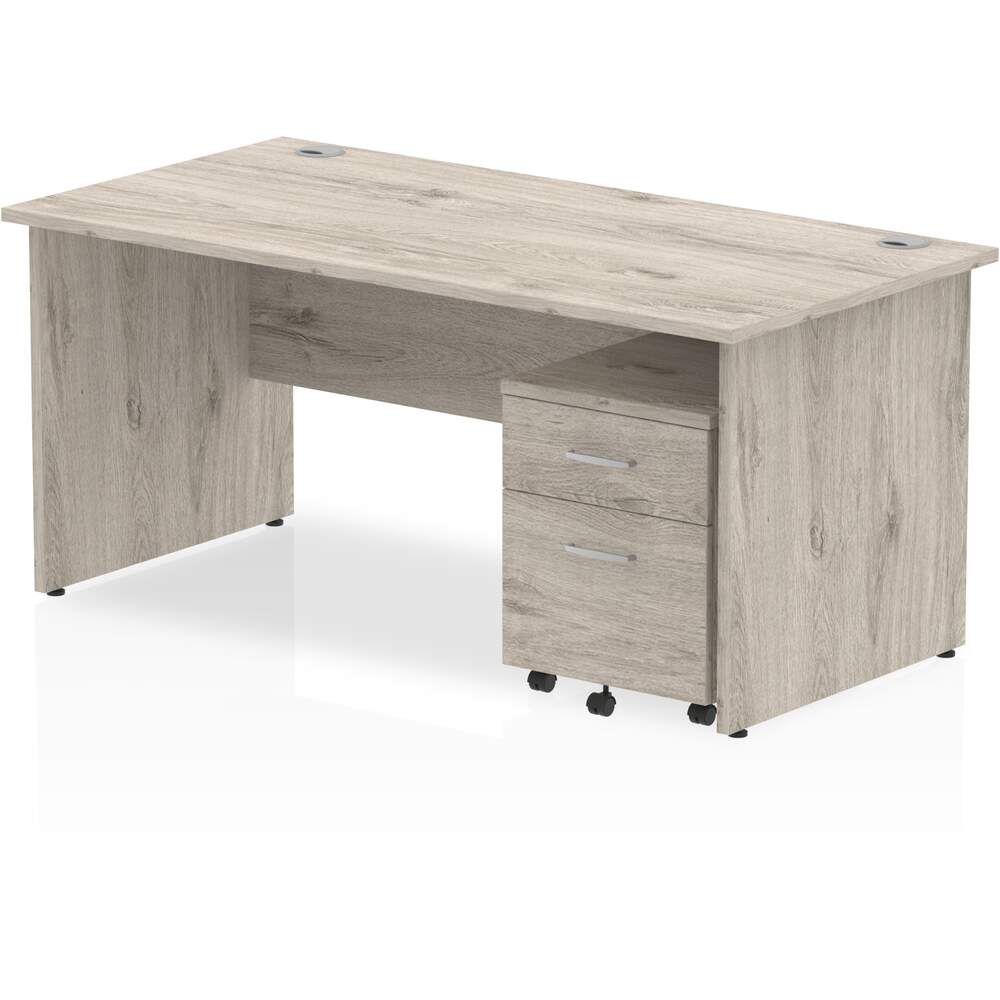 Impulse 1600 x 800mm Straight Desk Grey Oak Top Panel End Leg with 2 Drawer Mobile Pedestal