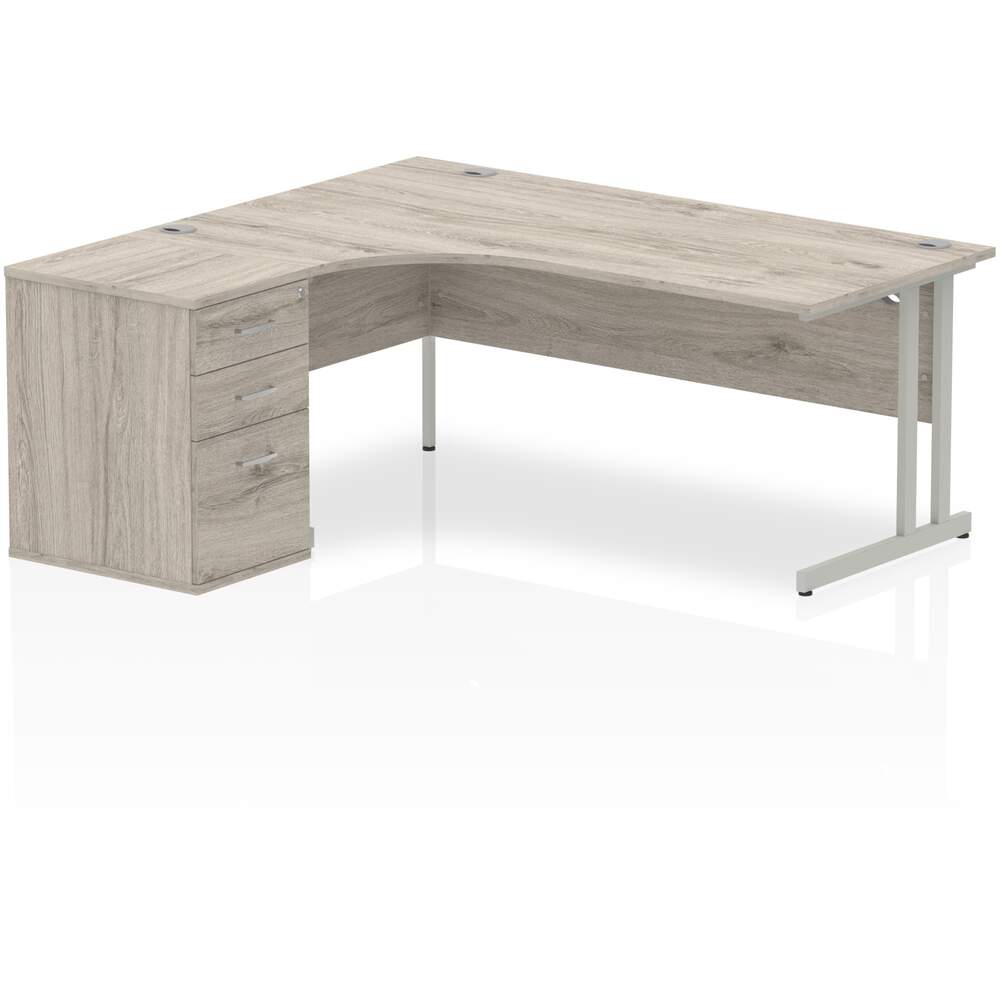 Impulse 1800mm Left Crescent Desk Grey Oak Top Silver Cantilever Leg Workstation 600 Deep Desk High Pedestal Bundle