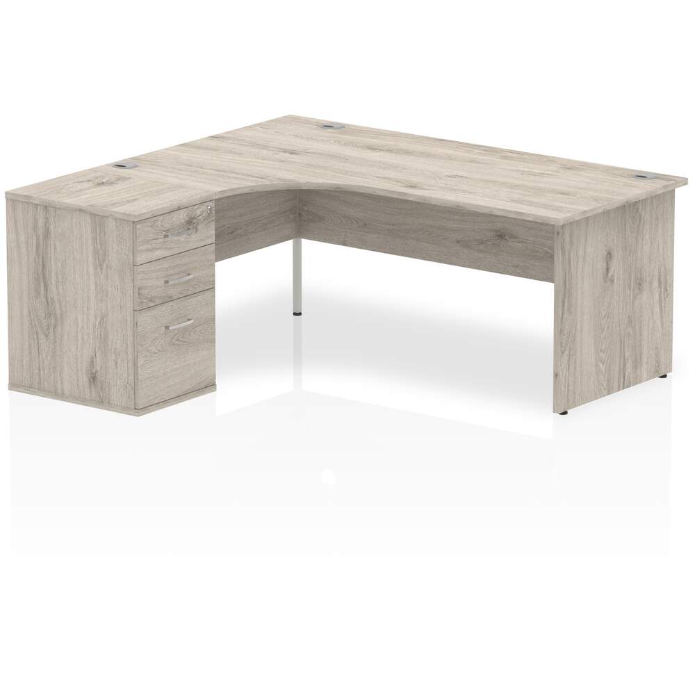 Impulse 1800mm Left Crescent Desk Grey Oak Top Panel End Leg Workstation 600 Deep Desk High Pedestal Bundle