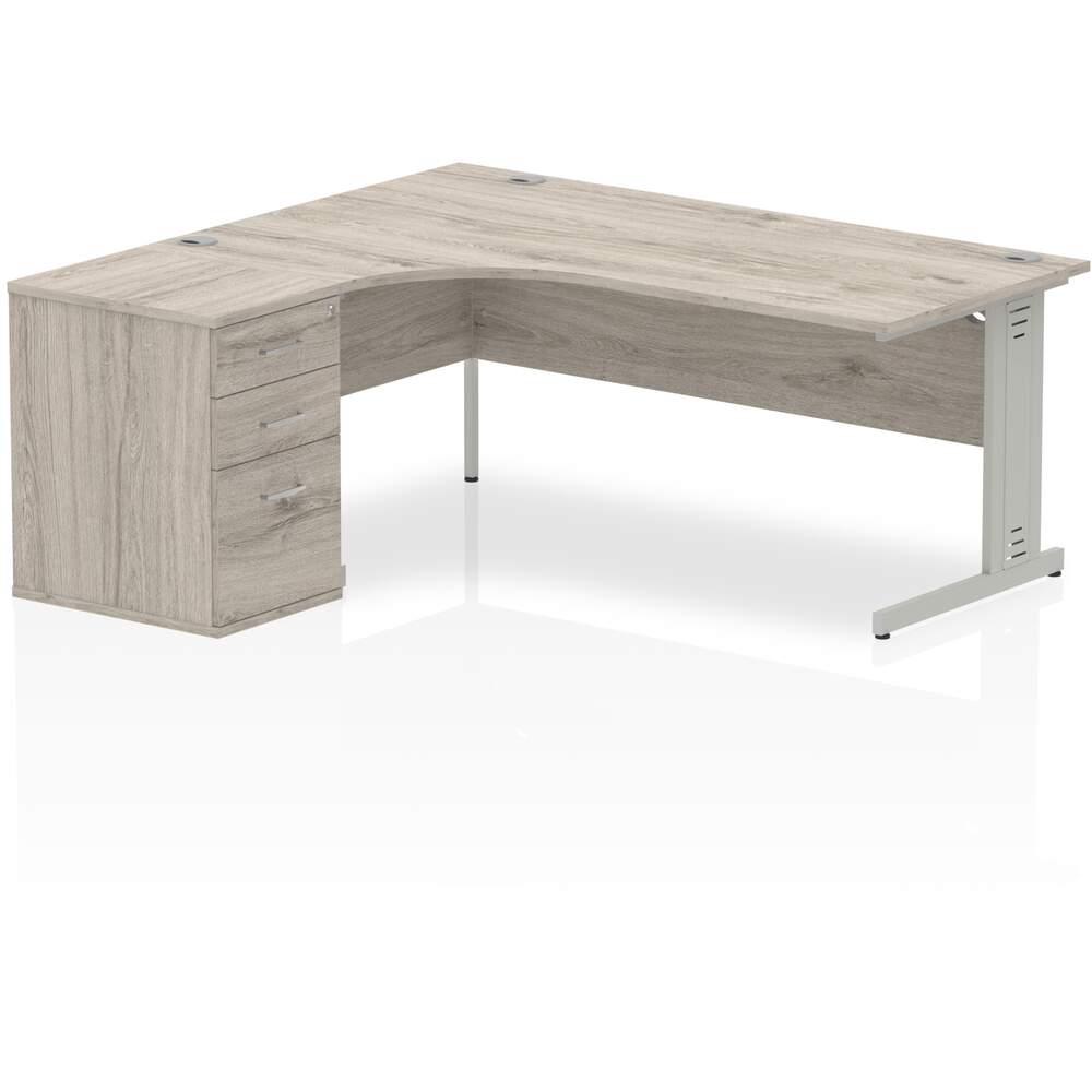 Impulse 1800mm Left Crescent Desk Grey Oak Top Silver Cable Managed Leg Workstation 600 Deep Desk High Pedestal Bundle