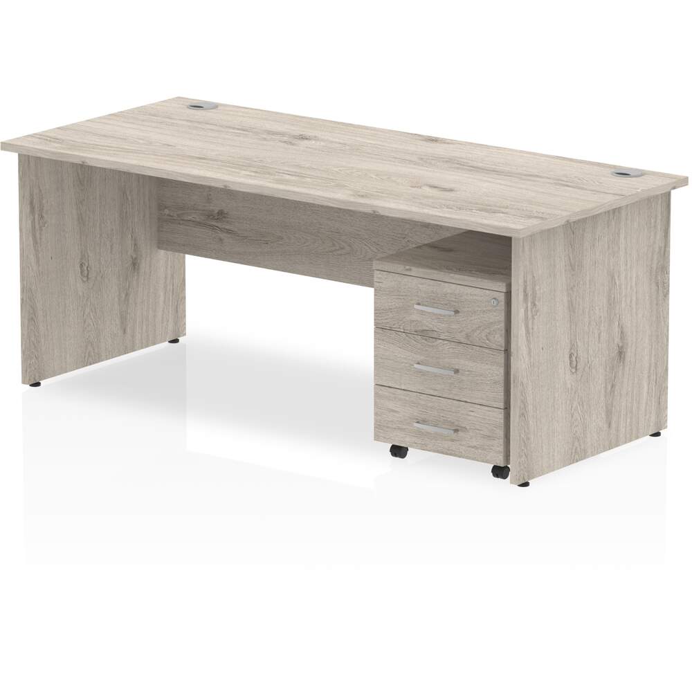 Impulse 1800 x 800mm Straight Desk Grey Oak Top Panel End Leg with 3 Drawer Mobile Pedestal