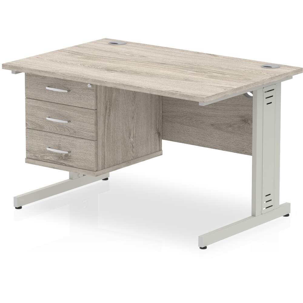 Impulse 1200 x 800mm Straight Desk Grey Oak Top Silver Cable Managed Leg with 1 x 3 Drawer Fixed Pedestal