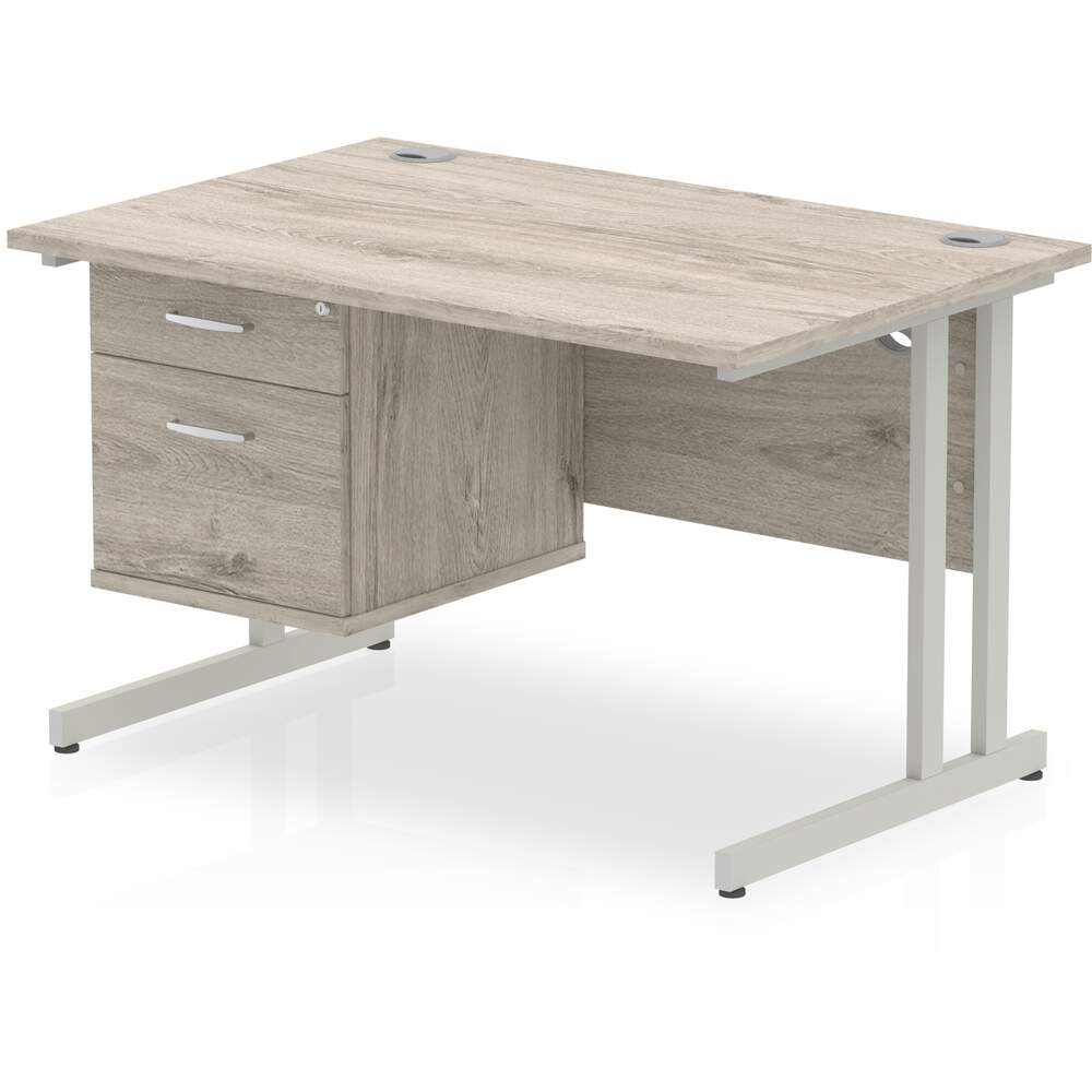 Impulse 1200 x 800mm Straight Desk Grey Oak Top Silver Cantilever Leg with 1 x 2 Drawer Fixed Pedestal