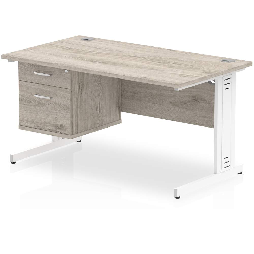 Impulse 1400 x 800mm Straight Desk Grey Oak Top White Cable Managed Leg with 1 x 2 Drawer Fixed Pedestal