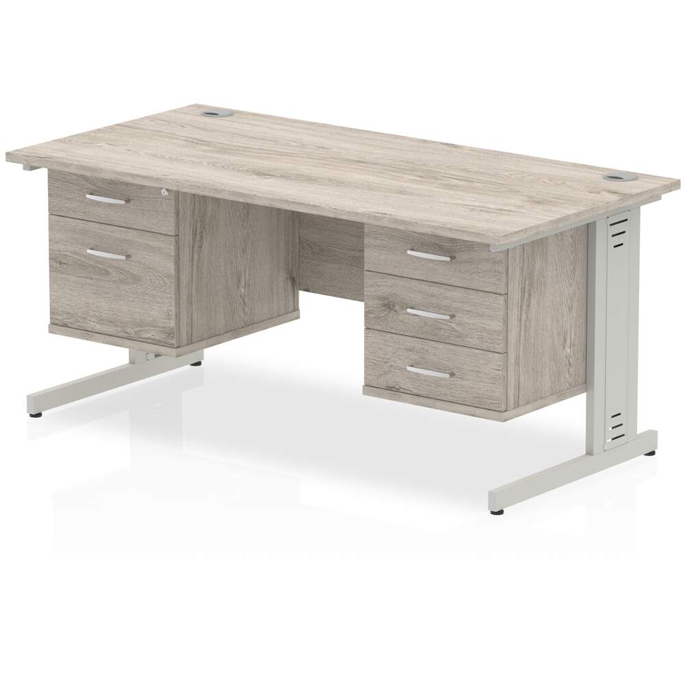 Impulse 1600 x 800mm Straight Desk Grey Oak Top Silver Cable Managed Leg 1 x 2 Drawer 1 x 3 Drawer Fixed Pedestal