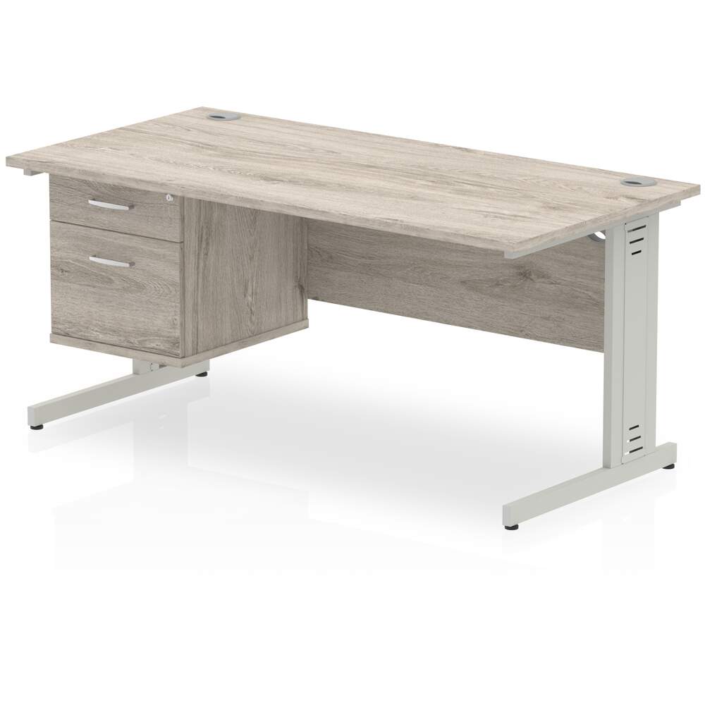 Impulse 1600 x 800mm Straight Desk Grey Oak Top Silver Cable Managed Leg 1 x 2 Drawer Fixed Pedestal