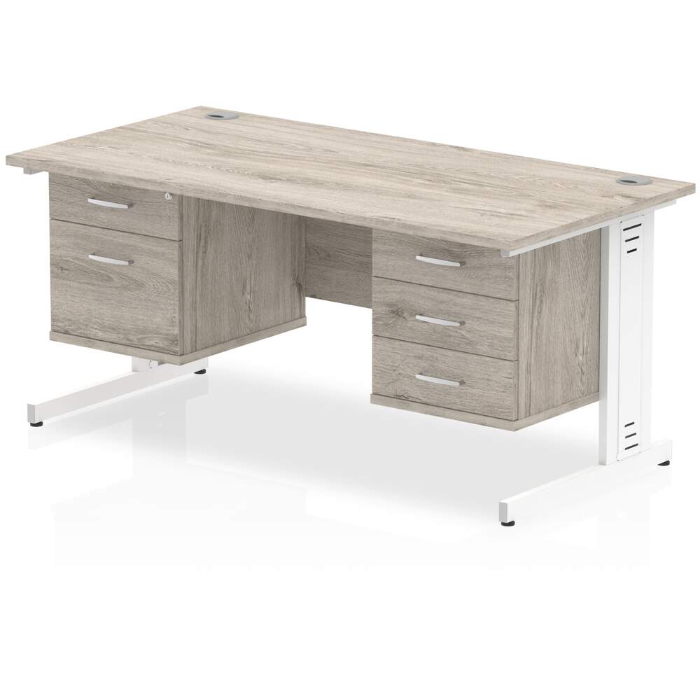 Impulse 1600 x 800mm Straight Desk Grey Oak Top White Cable Managed Leg 1 x 2 Drawer 1 x 3 Drawer Fixed Pedestal