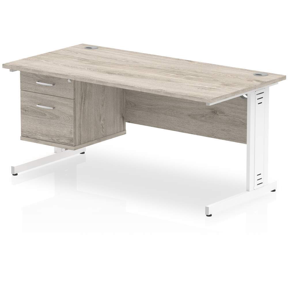 Impulse 1600 x 800mm Straight Desk Grey Oak Top White Cable Managed Leg 1 x 2 Drawer Fixed Pedestal