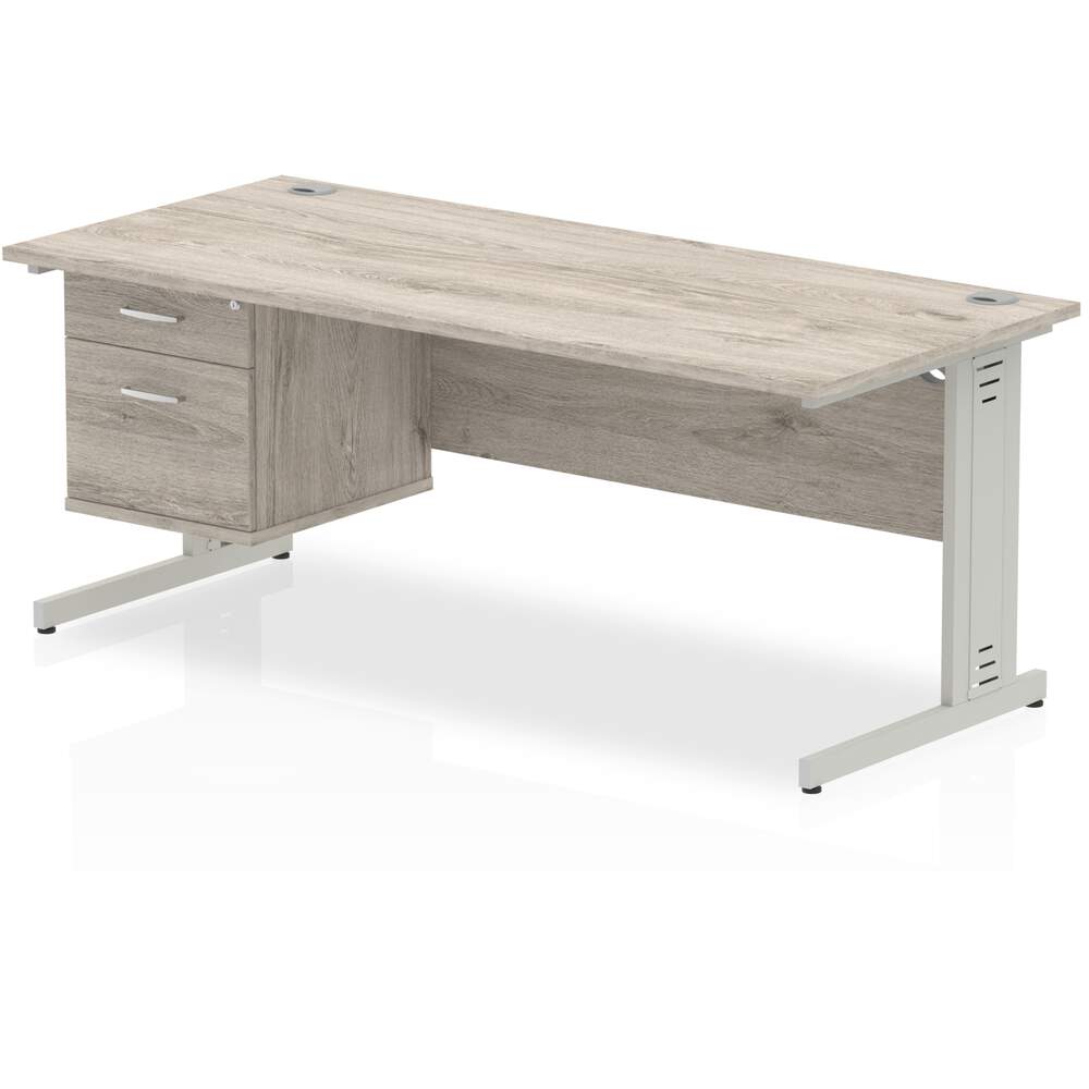 Impulse 1800 x 800mm Straight Desk Grey Oak Top Silver Cable Managed Leg 1 x 2 Drawer Fixed Pedestal