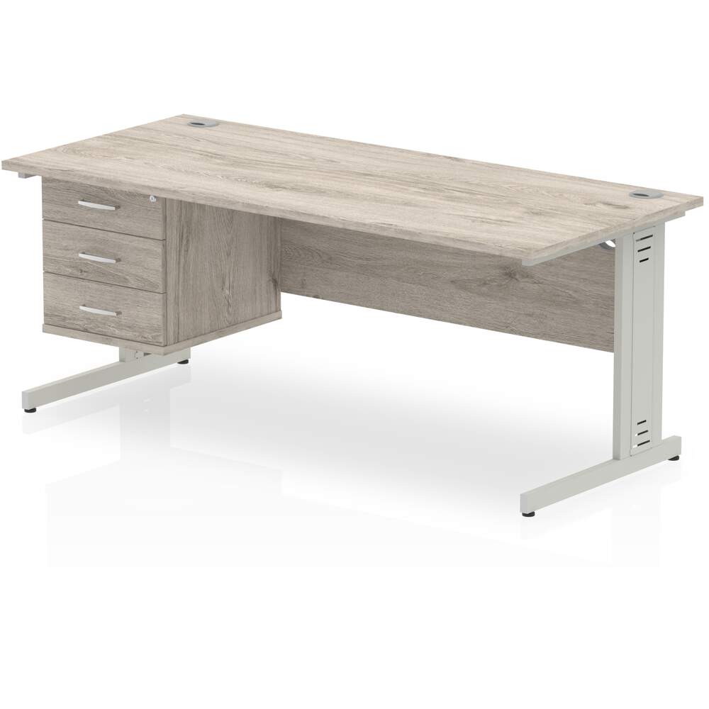 Impulse 1800 x 800mm Straight Desk Grey Oak Top Silver Cable Managed Leg 1 x 3 Drawer Fixed Pedestal