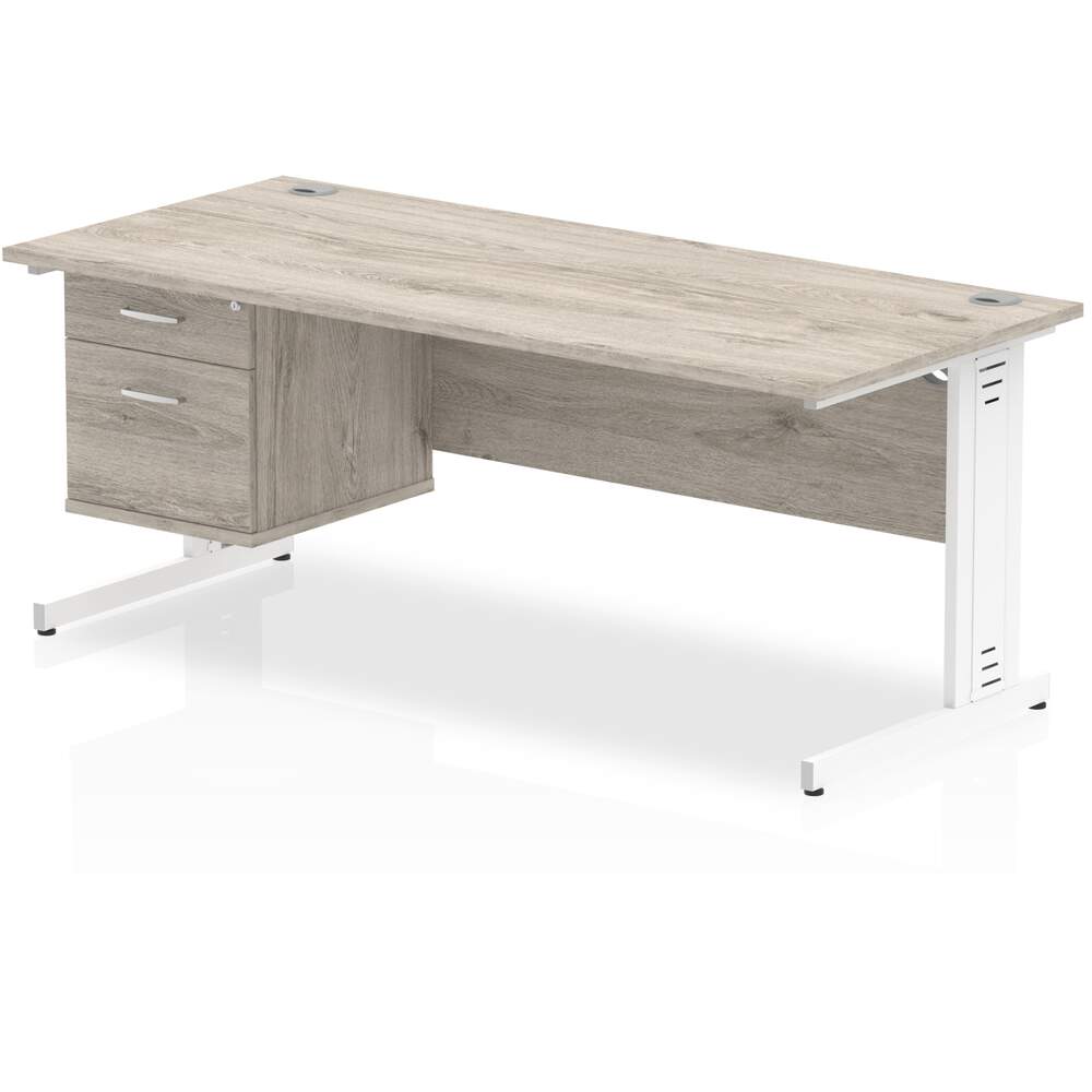 Impulse 1800 x 800mm Straight Desk Grey Oak Top White Cable Managed Leg 1 x 2 Drawer Fixed Pedestal