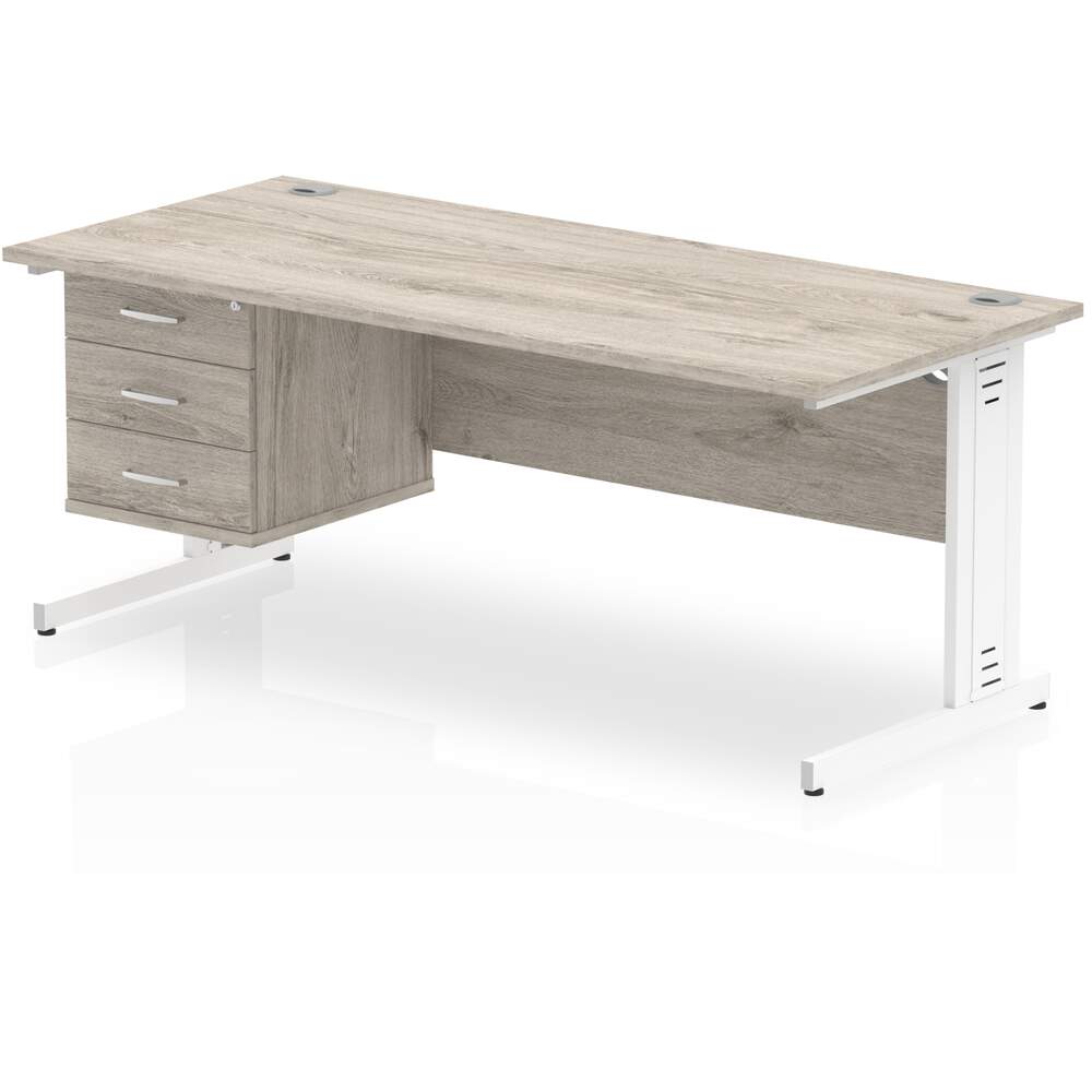 Impulse 1800 x 800mm Straight Desk Grey Oak Top White Cable Managed Leg 1 x 3 Drawer Fixed Pedestal