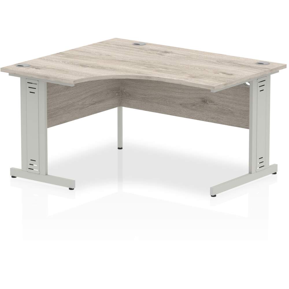 Impulse 1400mm Left Crescent Desk Grey Oak Top Silver Cable Managed Leg