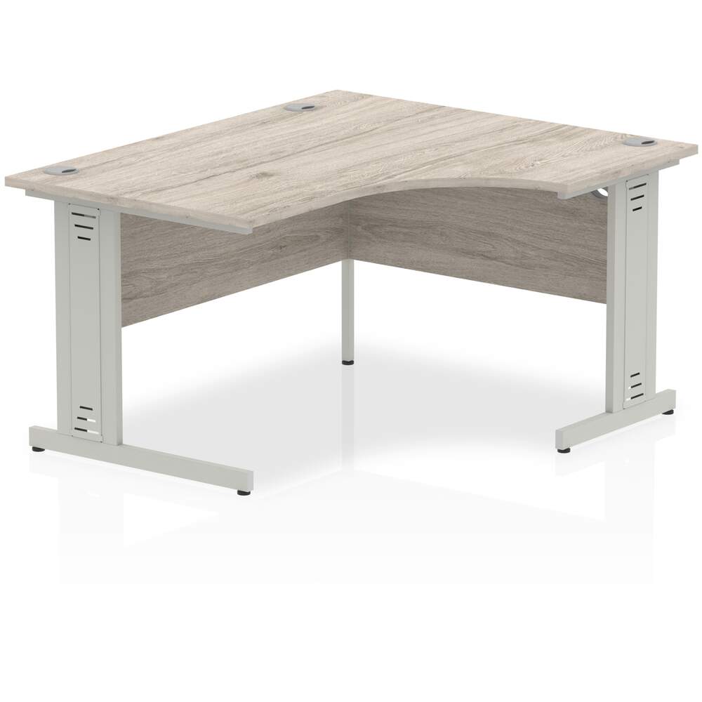 Impulse 1400mm Right Crescent Desk Grey Oak Top Silver Cable Managed Leg