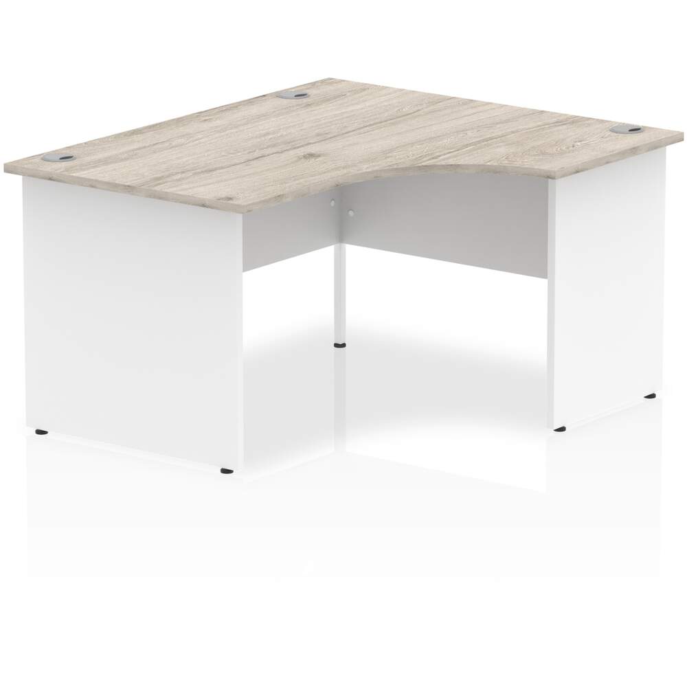 Impulse 1400mm Right Crescent Desk Grey Oak Top White Panel End Leg