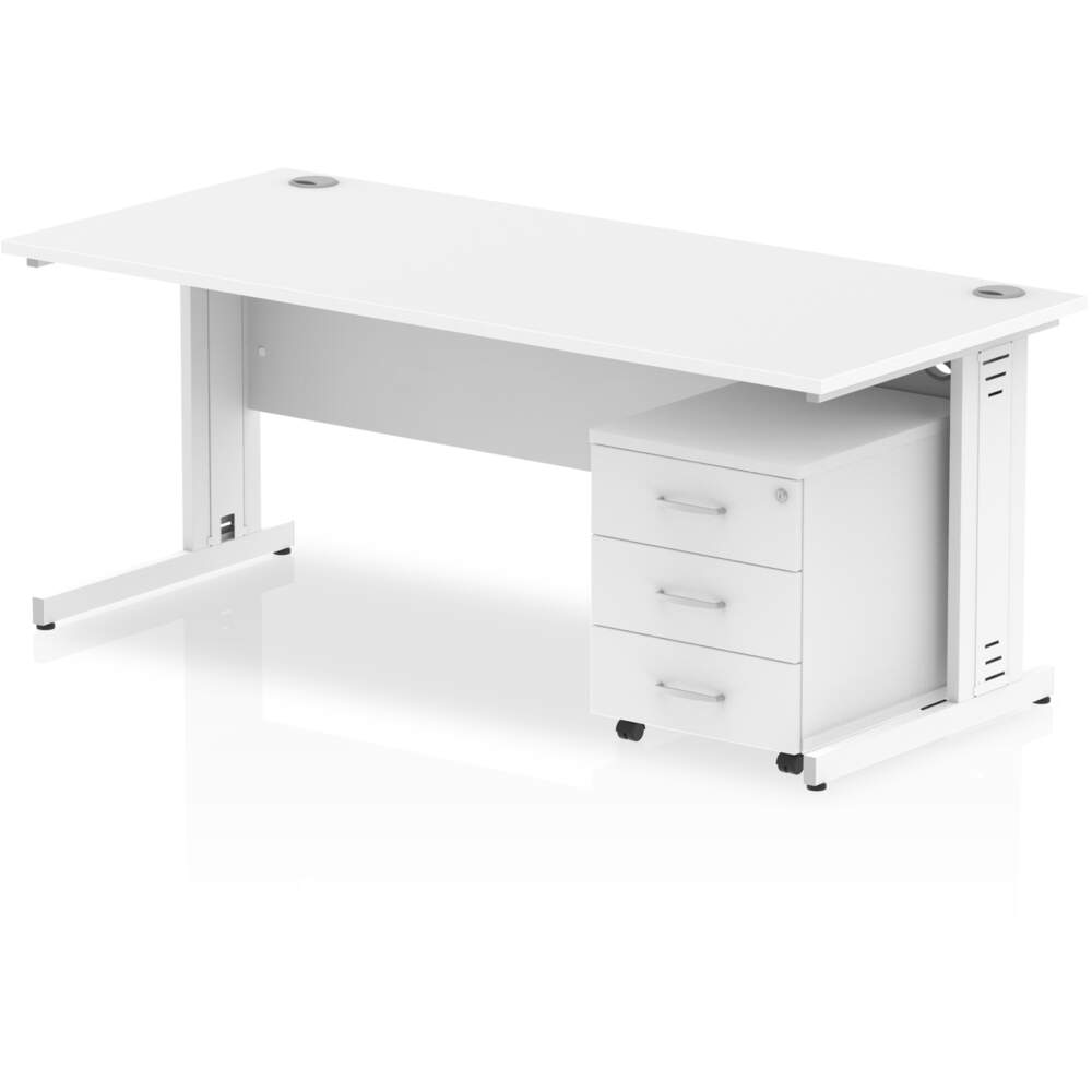 Impulse 1600 x 800mm Straight Desk White Top White Cable Managed Leg with 3 Drawer Mobile Pedestal