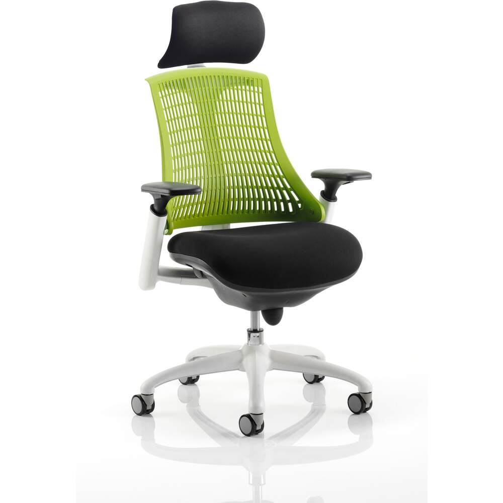 Flex Task Operator Chair White Frame Black Fabric Seat With Green Back With Arms With Headrest