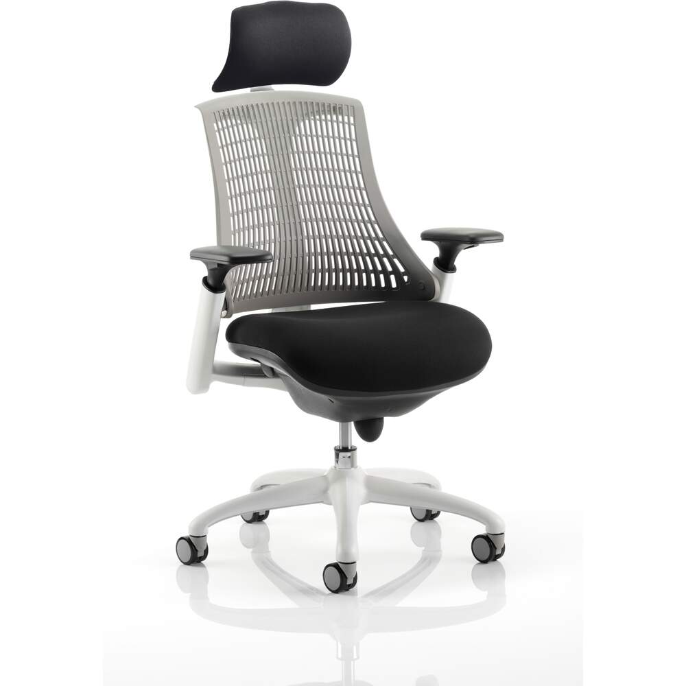 Flex Task Operator Chair White Frame Black Fabric Seat With Grey Back With Arms With Headrest