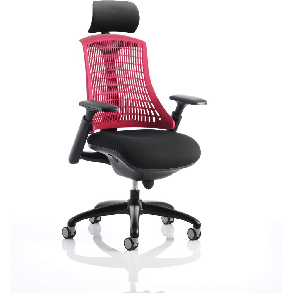 Flex Task Operator Chair Black Frame With Black Fabric Seat Red Back With Arms With Headrest