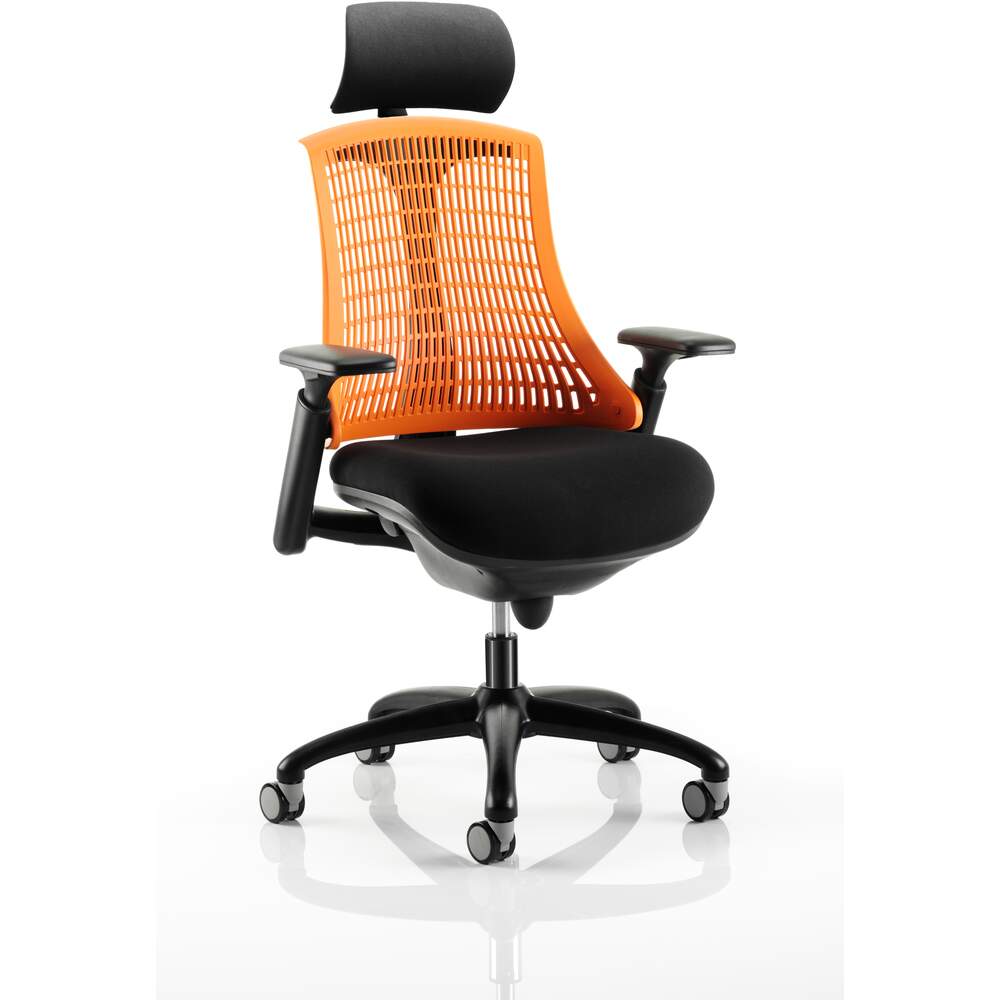 Flex Task Operator Chair Black Frame With Black Fabric Seat Orange Back With Arms With Headrest