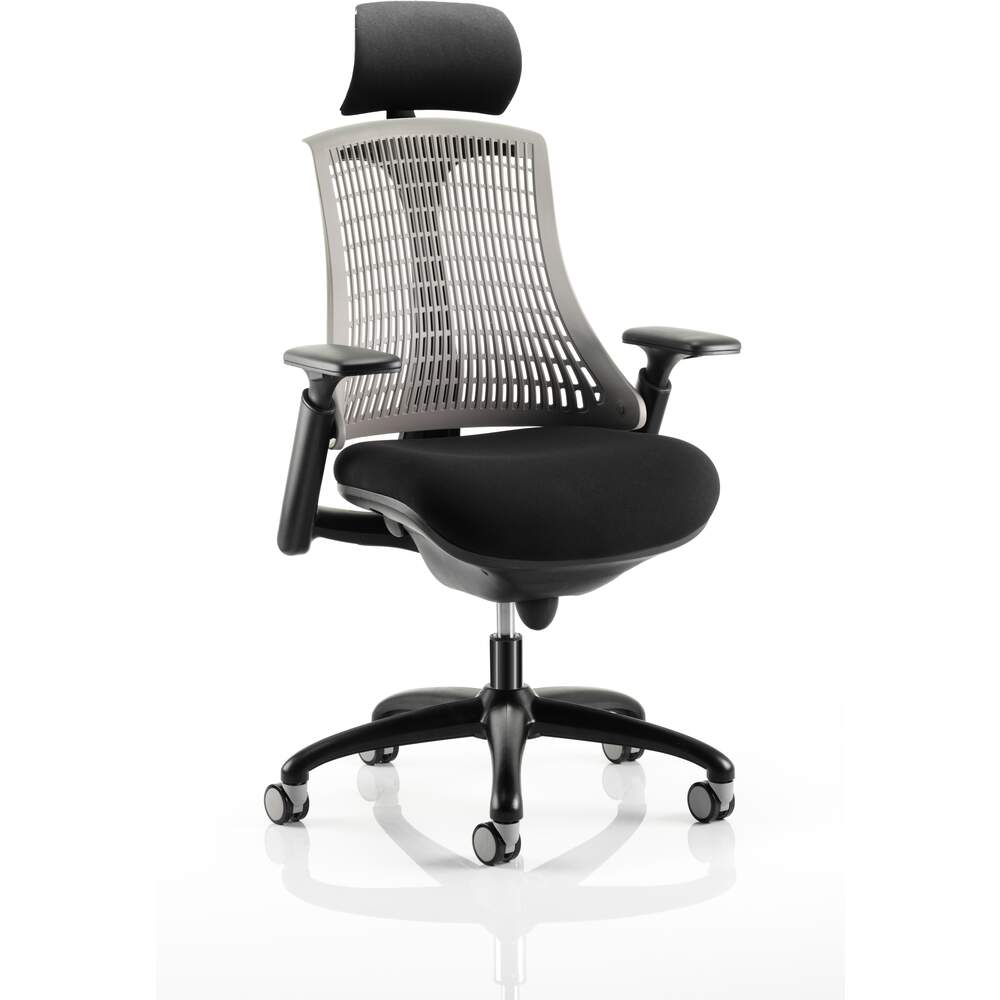 Flex Task Operator Chair Black Frame With Black Fabric Seat Grey Back With Arms With Headrest