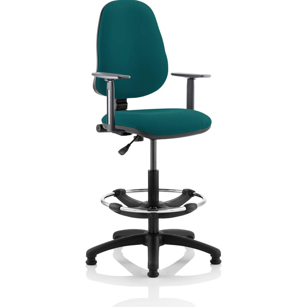 Eclipse I Lever Task Operator Chair Maringa Teal Fully Bespoke Colour With Height Adjustable Arms with Hi Rise Draughtsman Kit