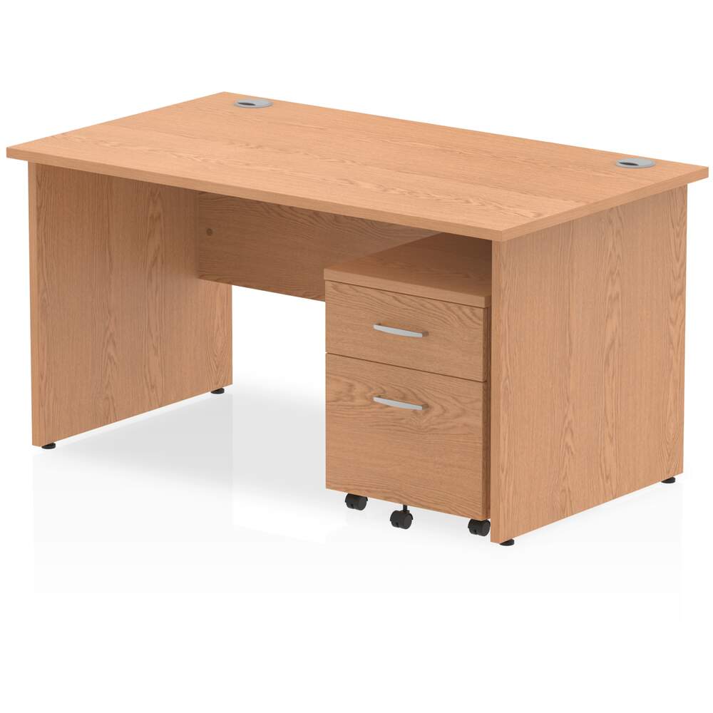 Impulse 1400 x 800mm Straight Desk Oak Top Panel End Leg with 2 Drawer Mobile Pedestal Bundle