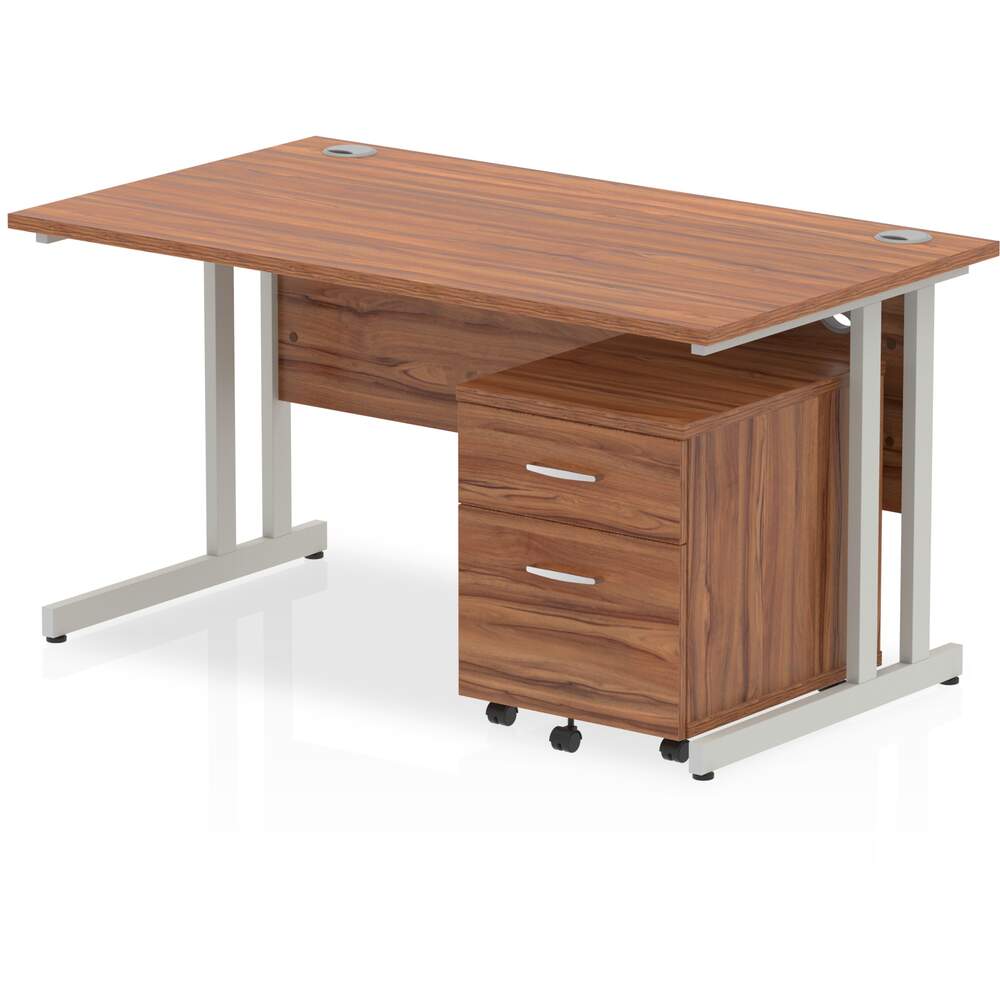 Impulse 1400 x 800mm Straight Desk Walnut Top Silver Cantilever Leg with 2 Drawer Mobile Pedestal Bundle