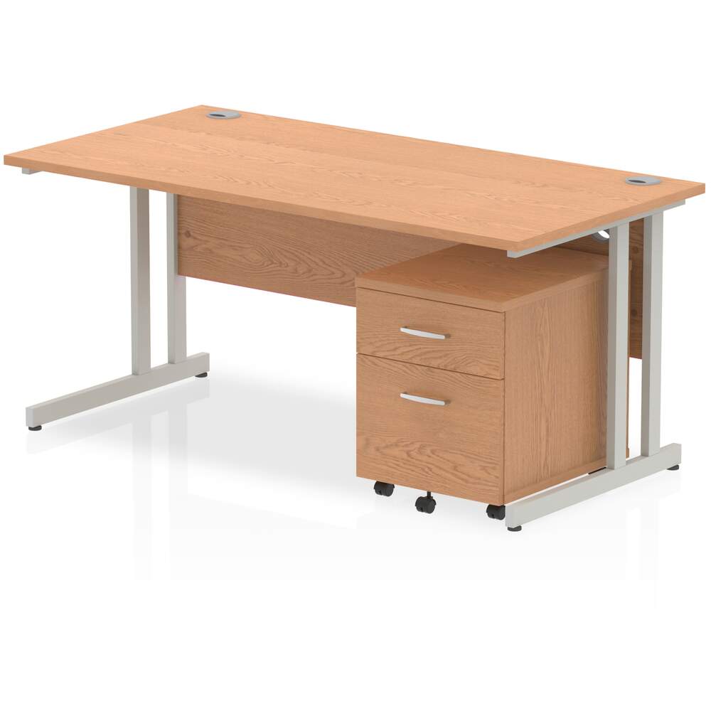 Impulse 1600 x 800mm Straight Desk Oak Top Silver Cantilever Leg with 2 Drawer Mobile Pedestal