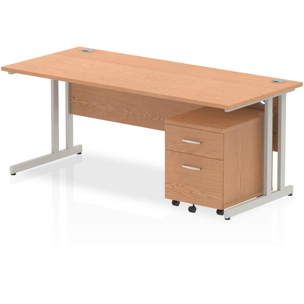 Impulse 1800 x 800mm Straight Desk Oak Top Silver Cantilever Leg with 2 Drawer Mobile Pedestal