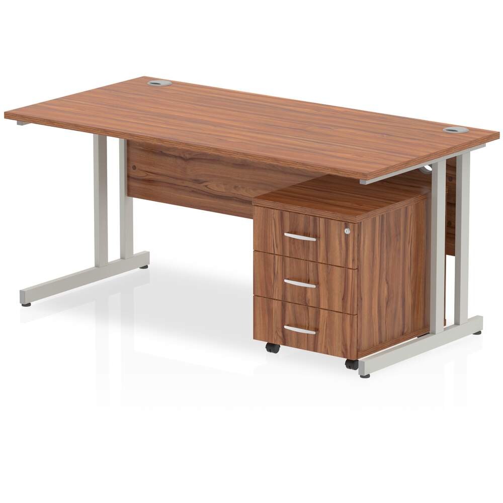 Impulse 1400 x 800mm Straight Desk Walnut Top Silver Cantilever Leg with 3 Drawer Mobile Pedestal Bundle