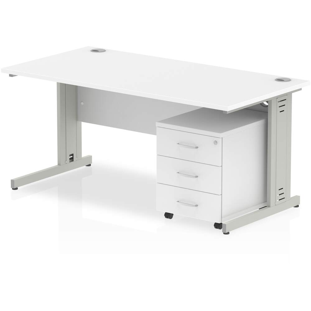 Impulse 1200 x 800mm Straight Desk White Top Silver Cable Managed Leg with 3 Drawer Mobile Pedestal Bundle