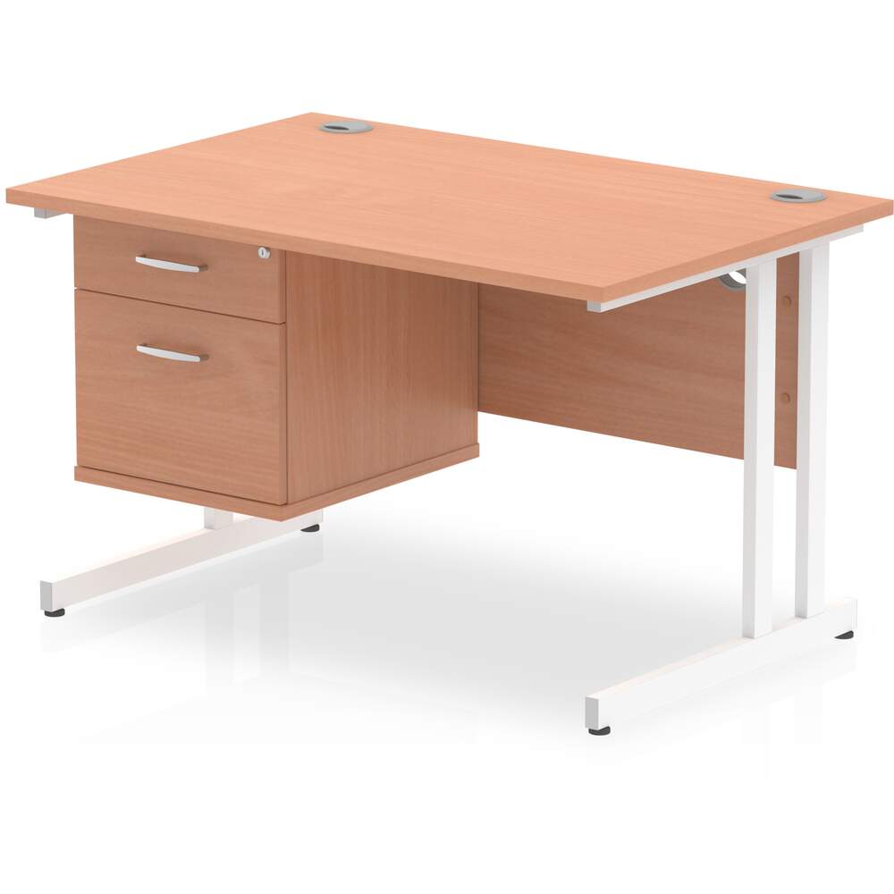 Impulse 1200 x 800mm Straight Desk Beech Top White Cantilever Leg with 1 x 2 Drawer Fixed Pedestal