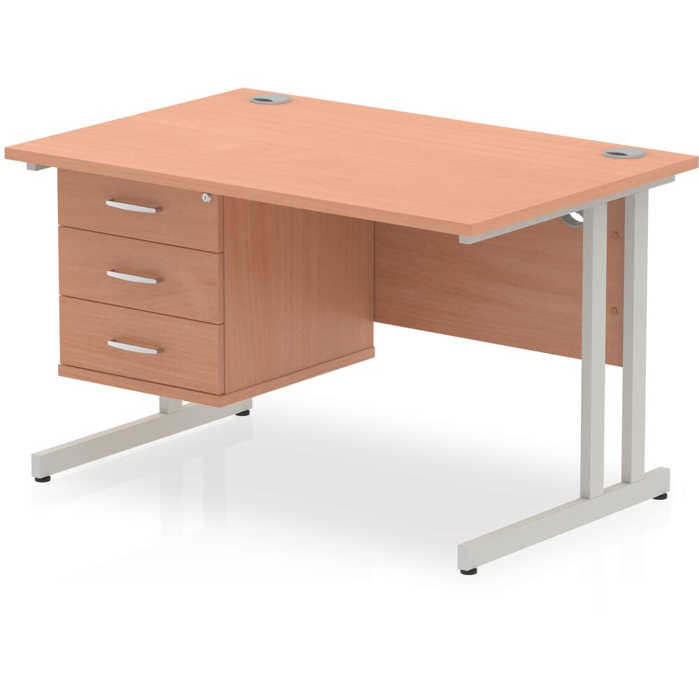 Impulse 1200 x 800mm Straight Desk Beech Top Silver Cantilever Leg with 1 x 3 Drawer Fixed Pedestal