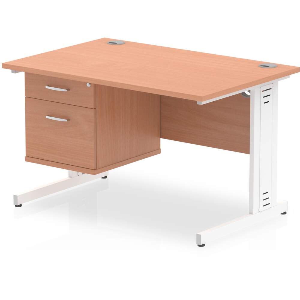 Impulse 1200 x 800mm Straight Desk Beech Top White Cable Managed Leg with 1 x 2 Drawer Fixed Pedestal