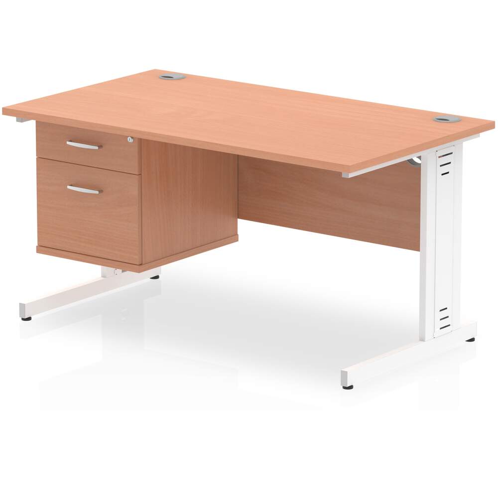 Impulse 1400 x 800mm Straight Desk Beech Top White Cable Managed Leg with 1 x 2 Drawer Fixed Pedestal