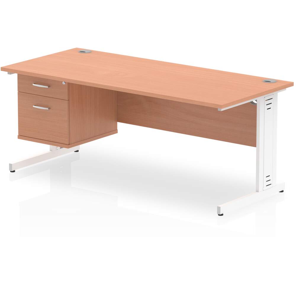 Impulse 1800 x 800mm Straight Desk Beech Top White Cable Managed Leg 1 x 2 Drawer Fixed Pedestal