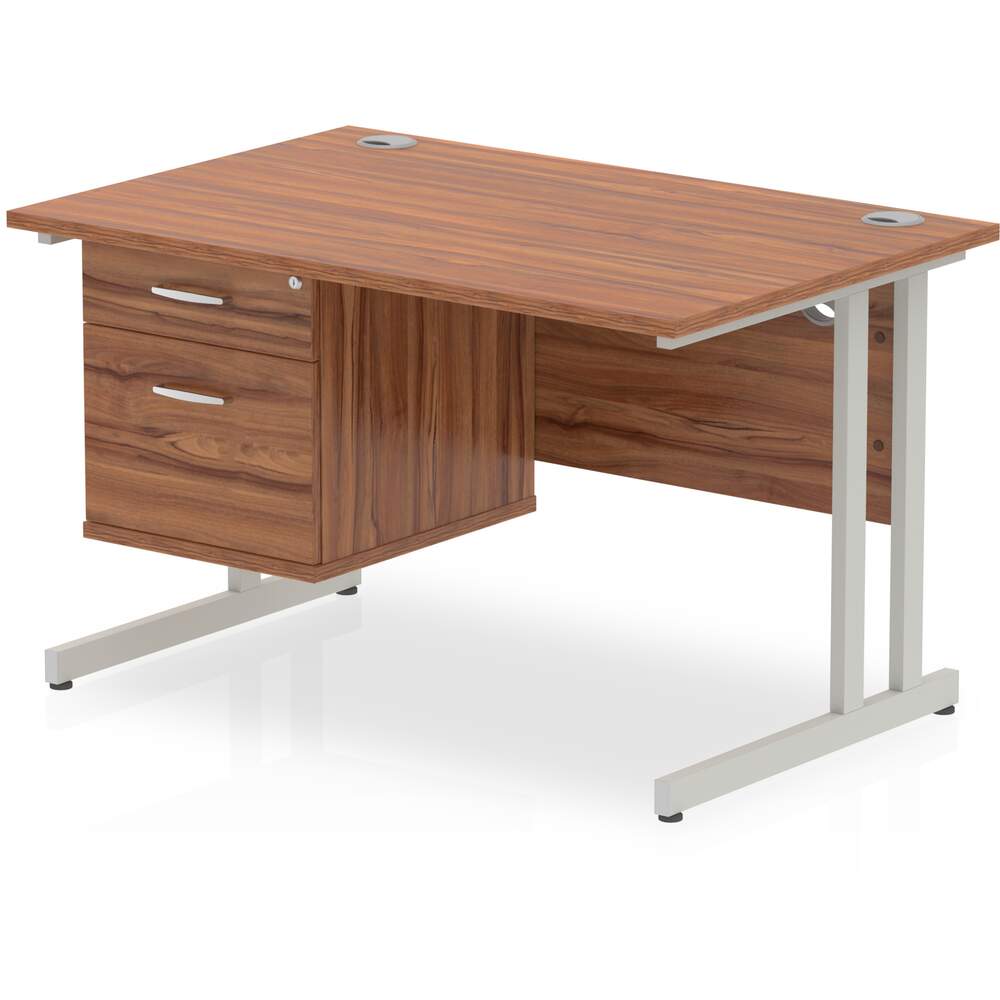 Impulse 1200 x 800mm Straight Desk Walnut Top Silver Cantilever Leg with 1 x 2 Drawer Fixed Pedestal