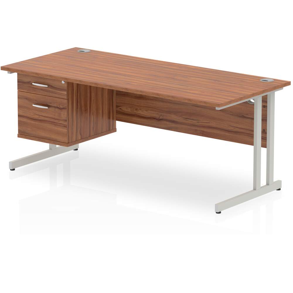 Impulse 1800 x 800mm Straight Desk Walnut Top Silver Cantilever Leg 1 x 2 Drawer Fixed Pedestal