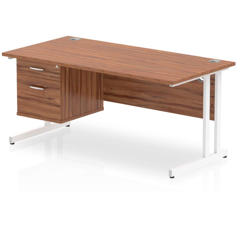 Impulse 1600 x 800mm Straight Desk Walnut Top White Cantilever Leg 1 x 2 Drawer Fixed Pedestal