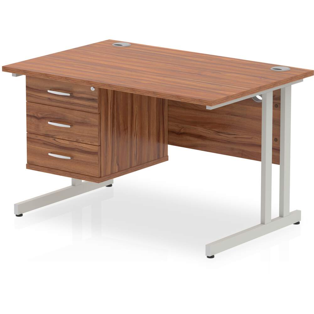 Impulse 1200 x 800mm Straight Desk Walnut Top Silver Cantilever Leg with 1 x 3 Drawer Fixed Pedestal