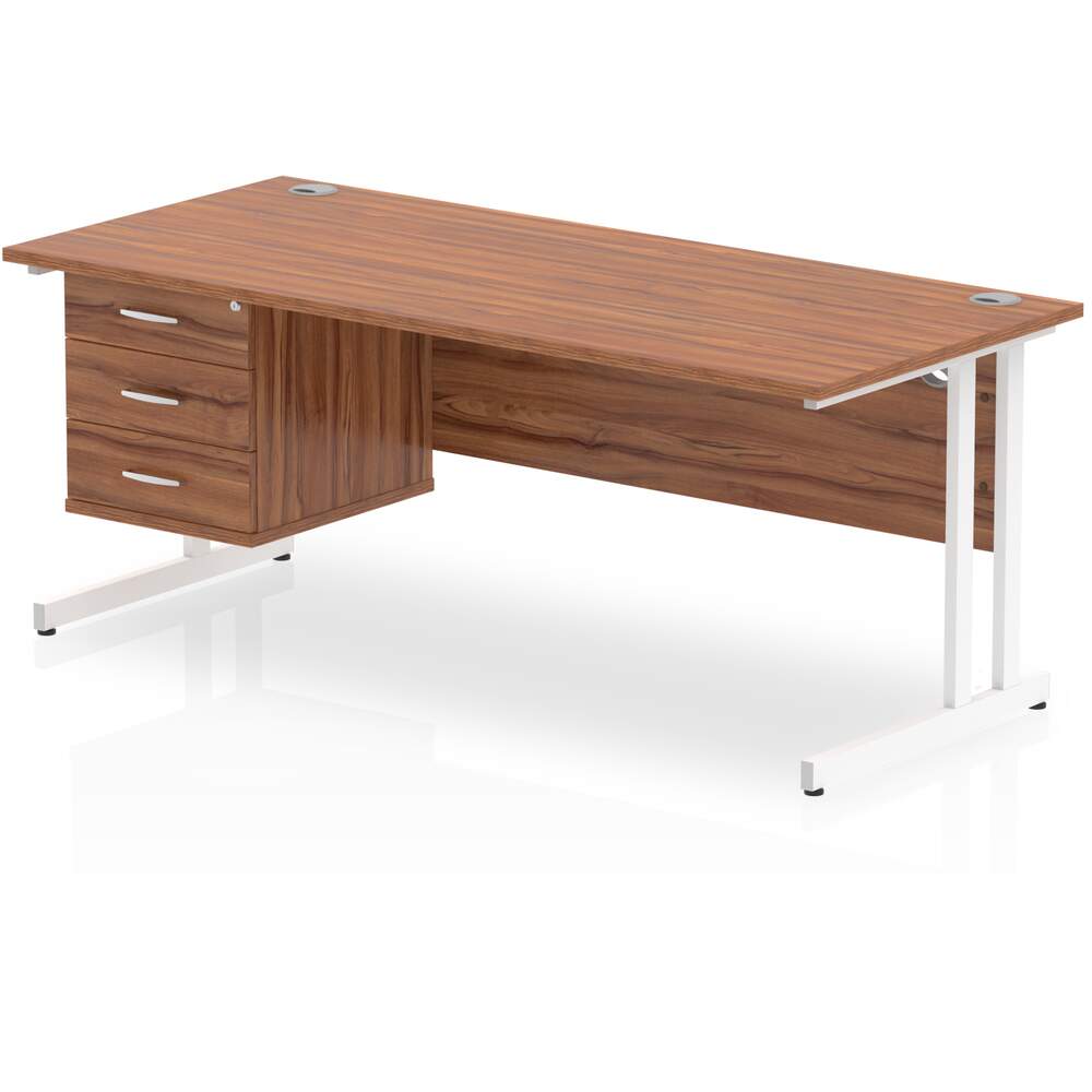 Impulse 1800 x 800mm Straight Desk Walnut Top White Cantilever Leg 1 x 3 Drawer Fixed Pedestal