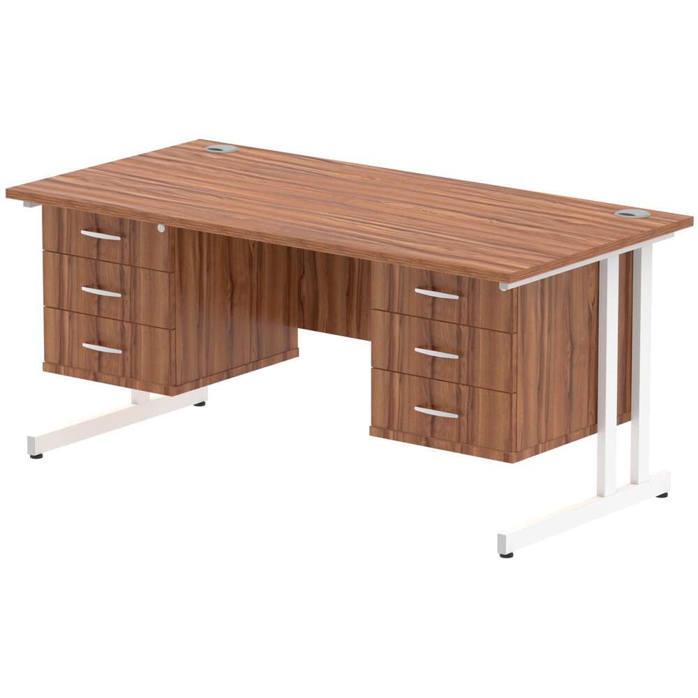 Impulse 1600 x 800mm Straight Desk Walnut Top White Cantilever Leg 2 x 3 Drawer Fixed Pedestal