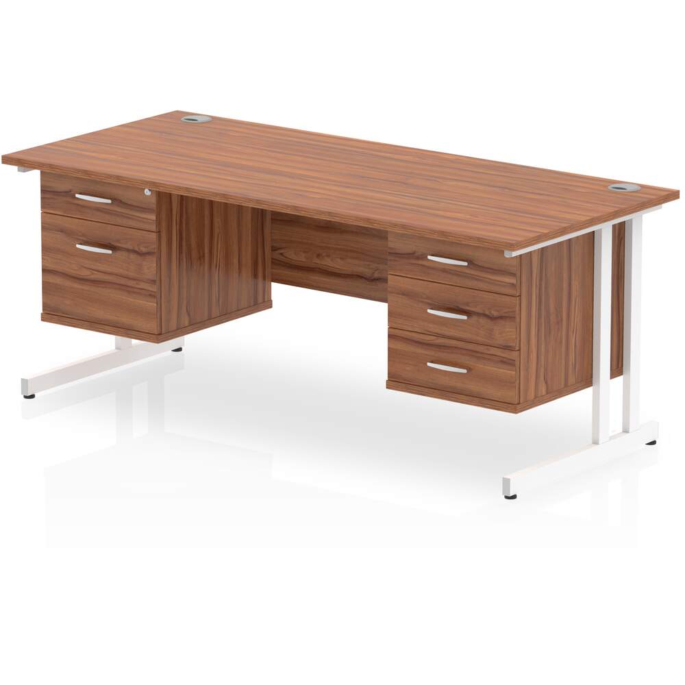 Impulse 1600 x 800mm Straight Desk Walnut Top White Cantilever Leg 1 x 2 Drawer 1 x 3 Drawer Fixed Pedestal