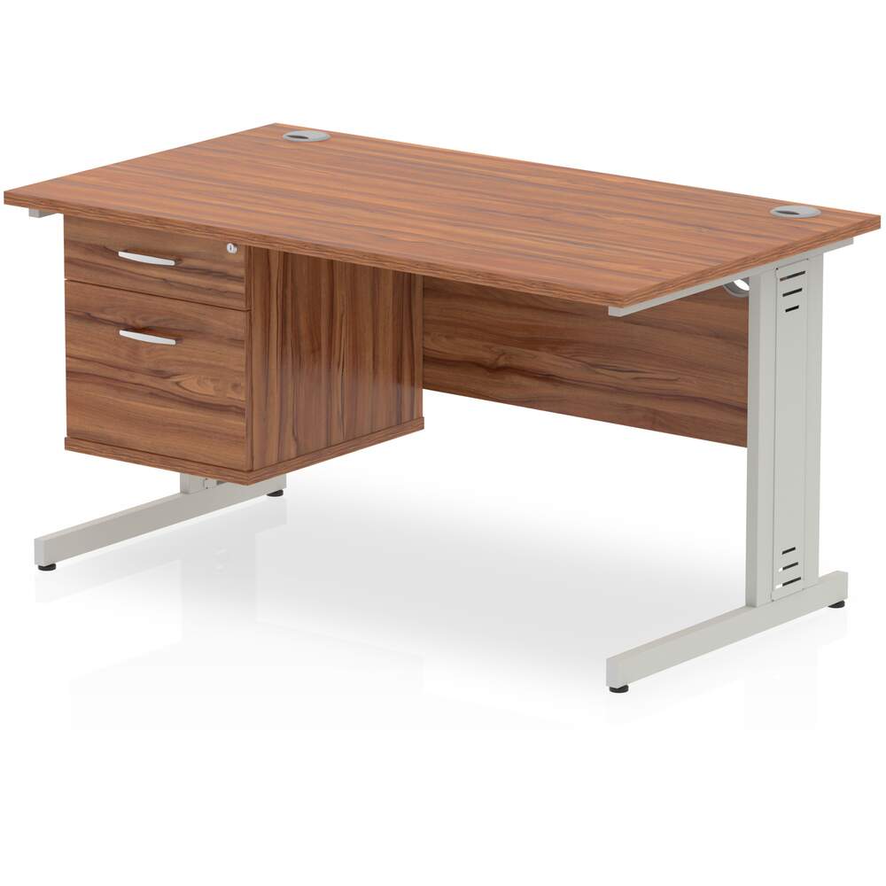 Impulse 1400 x 800mm Straight Desk Walnut Top Silver Cable Managed Leg with 1 x 2 Drawer Fixed Pedestal